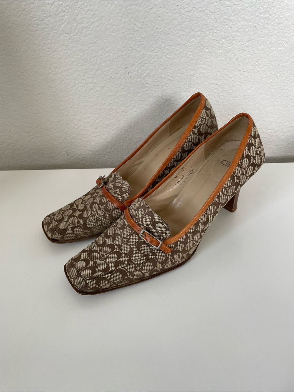 Vintage Y2K Coach Monogram Square Toe Heel Brown Canvas Tan Leather